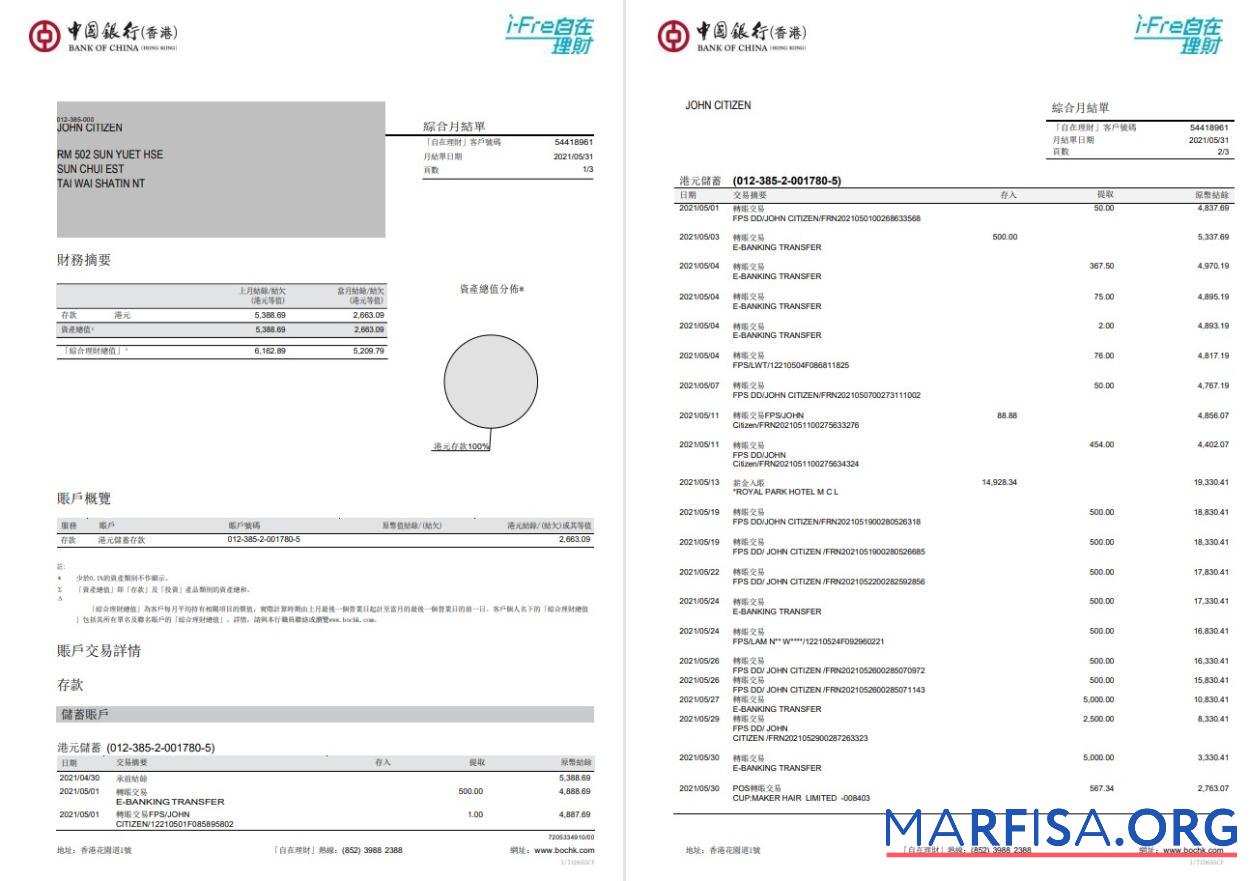 Blank Hong Kong Bank of China bank statement word 3 pages template